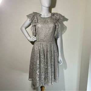 BCBGMAXAZRIA Cynthia Dress Size 10 Silver Lace Ruffles Lined Open Back